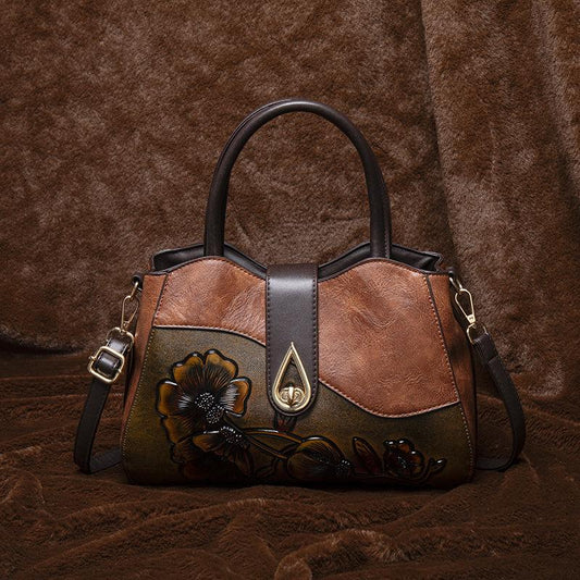 Vintage Floral Embossed Handbag for Women Large Capacity Deep Brown