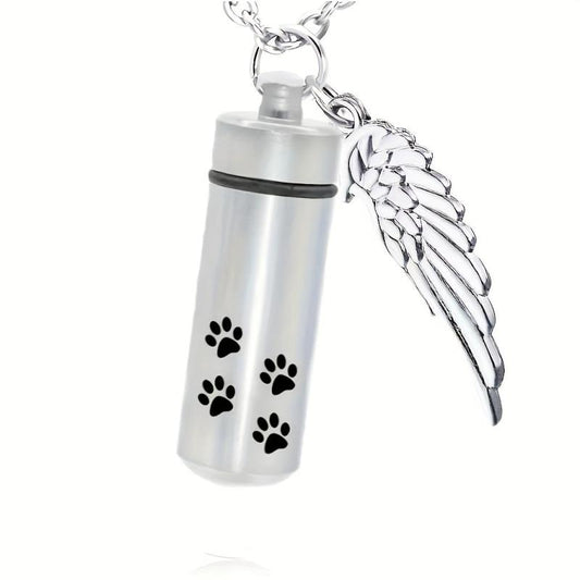 Cylinder Cremation Urn Necklace For Ashes With Angel Wing