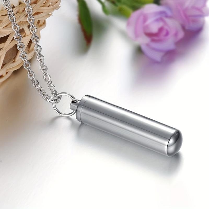 Stainless Steel Cremation Necklace for Ashes with Silver Urn Cylinder