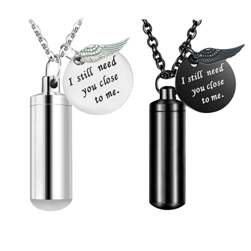 Cylinder Pet Ashes Necklace with Angel Wing - Memorial Keepsake Pendant