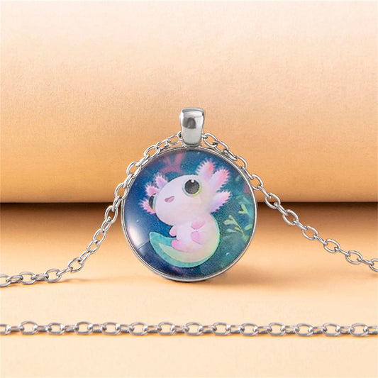 Cartoon Pink Axolotl Glass Pendant Necklace for Women Round Party Animal Jewelry
