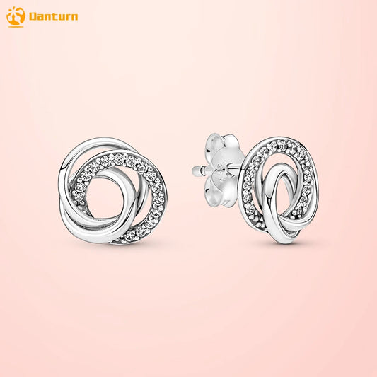 925 Silver Family Always Encircled Stud Earrings Women's Jewelry Gift