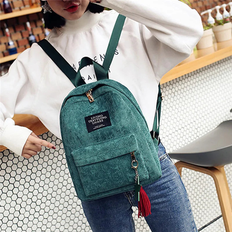 Corduroy Campus Style Mini Backpack Solid Color Double Shoulder Bag