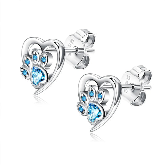 925 Silver Paw Heart Stud Earrings Zircon Ear Studs