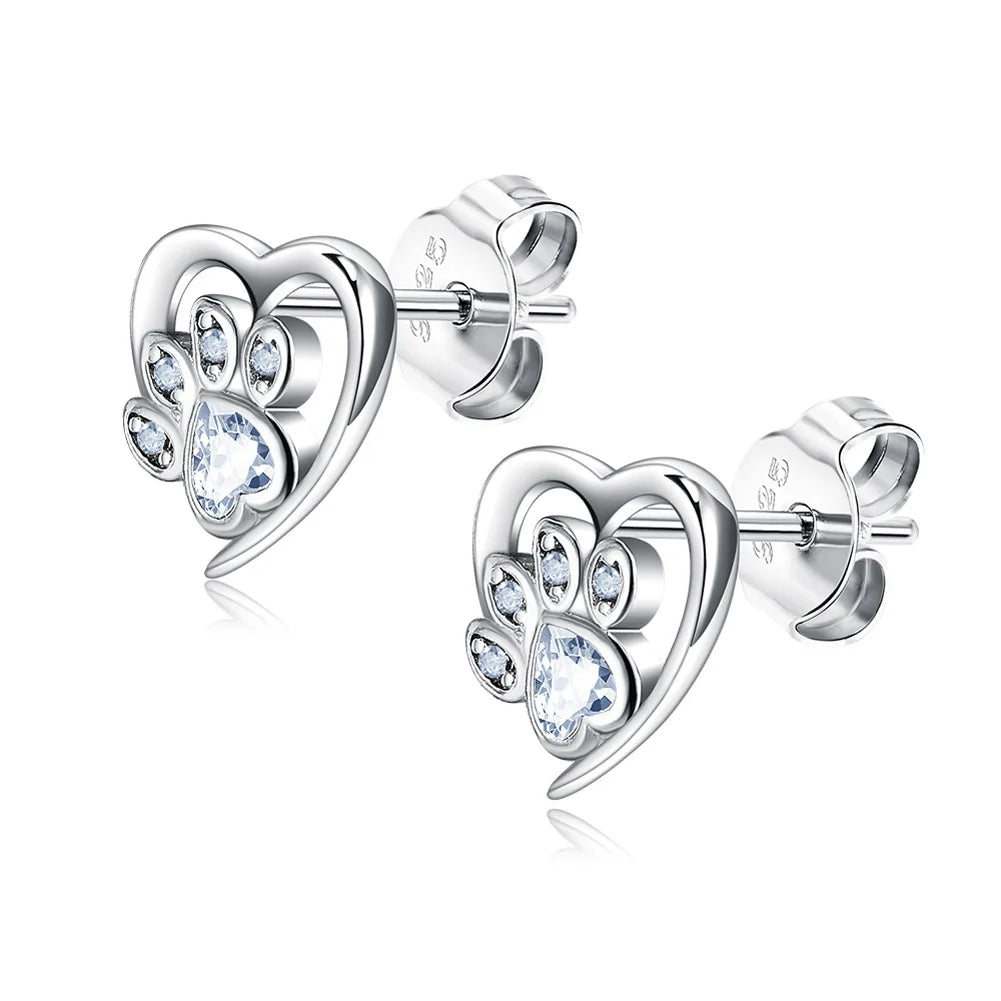 925 Silver Paw Heart Stud Earrings Zircon Ear Studs