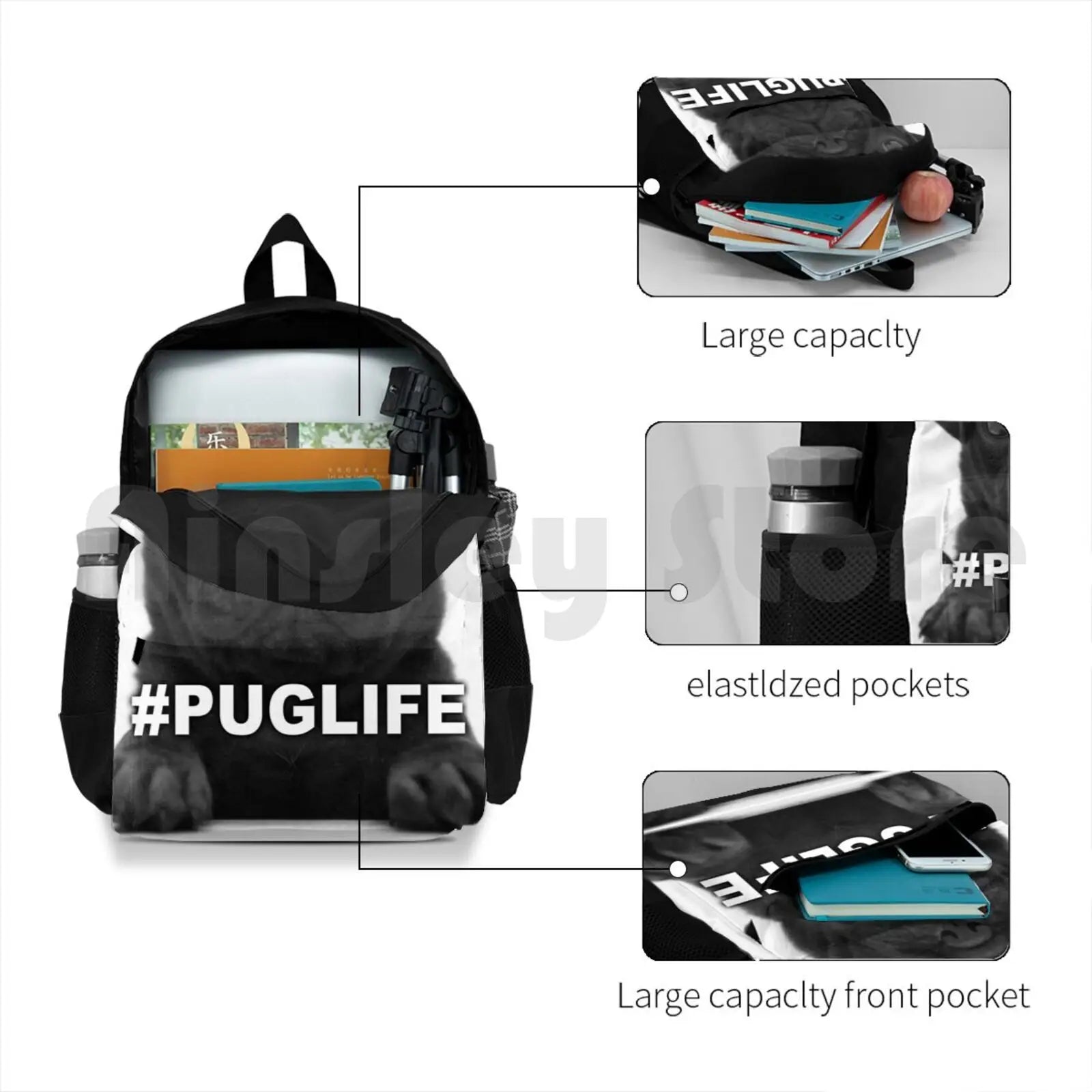 Puglife Outdoor Hiking Backpack Waterproof Camping Travel Thuglife Pug