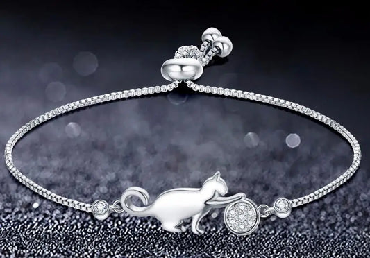Zircon Cat Ball Chain Bracelet Silver Adjustable Party Jewelry