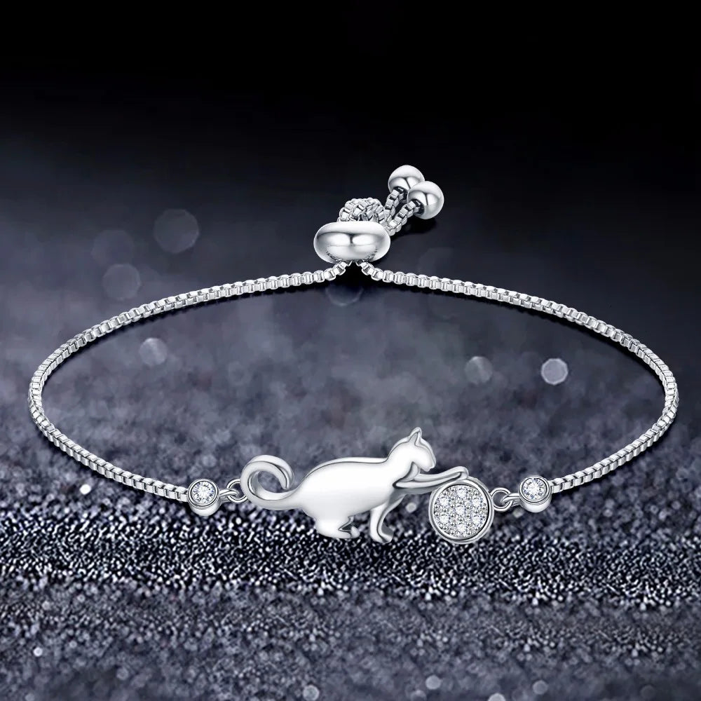 Zircon Cat Ball Chain Bracelet Silver Adjustable Party Jewelry