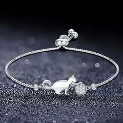 Zircon Cat Ball Chain Bracelet Silver Adjustable Party Jewelry
