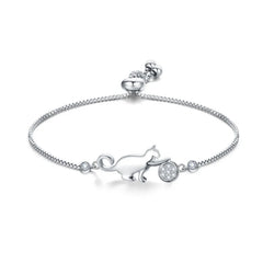 Zircon Cat Ball Chain Bracelet Silver Adjustable Party Jewelry