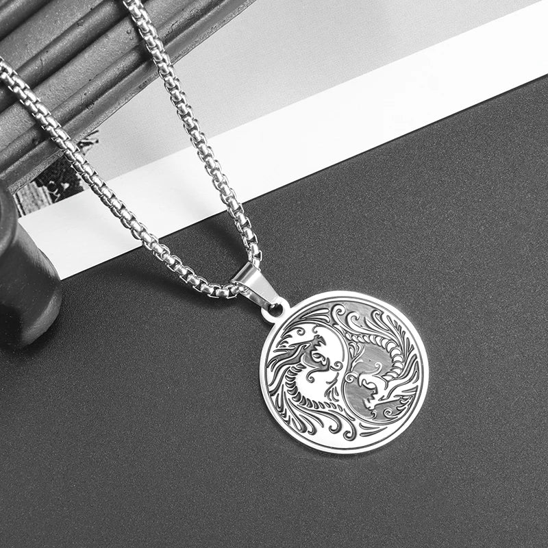 Silver Yin Yang Double Dragon Pendant Necklace
