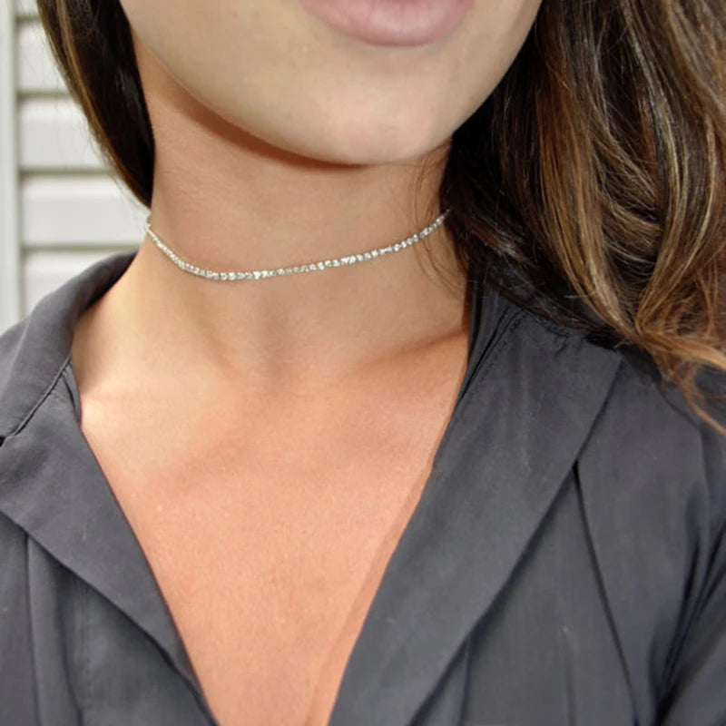 Rhinestone Crystal Choker Necklace Wedding Party Silver Chain Jewelry