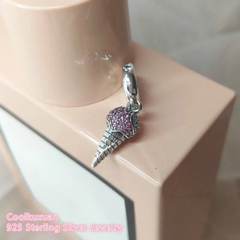 925 Silver Ice Cream Cone Dangle Charm Beads for Bracelet DIY