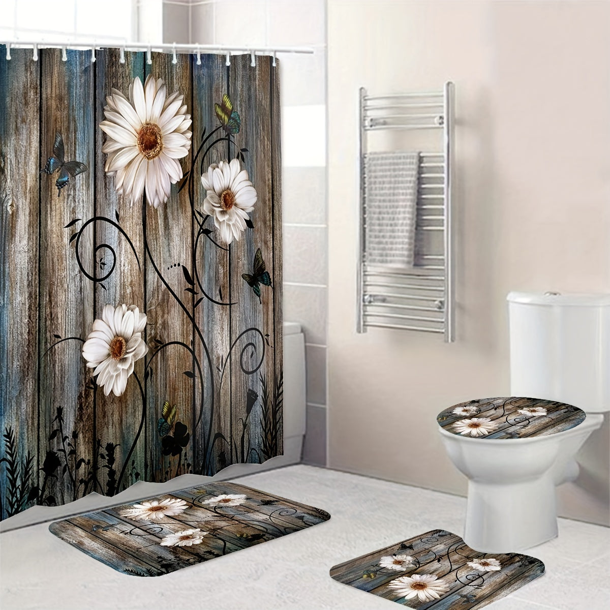 Non Slip Wooden Shower Curtain Set with 12 Hooks and Bathroom Decor