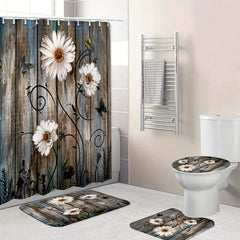Non Slip Wooden Shower Curtain Set with 12 Hooks and Bathroom Decor