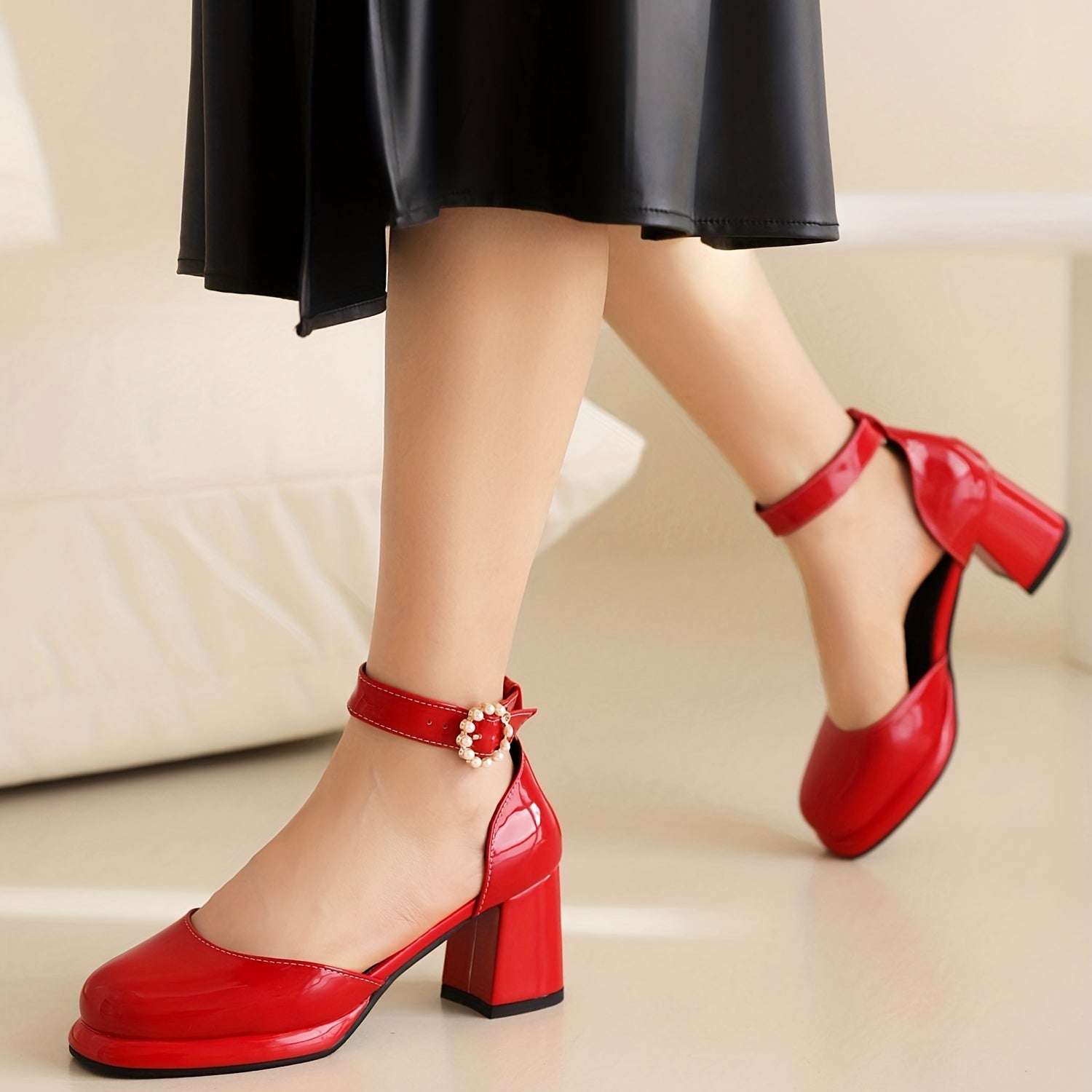 Women's Chunky Heels Pearl Strap Pumps Faux Leather