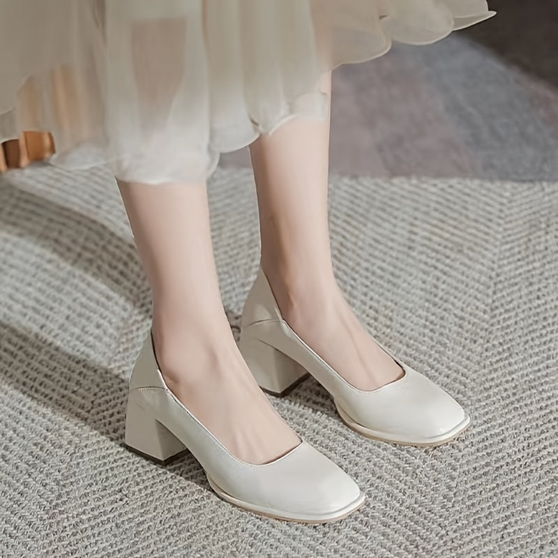 Chunky Low Heels Slip On Square Toe Office Shoes Women's Footwear