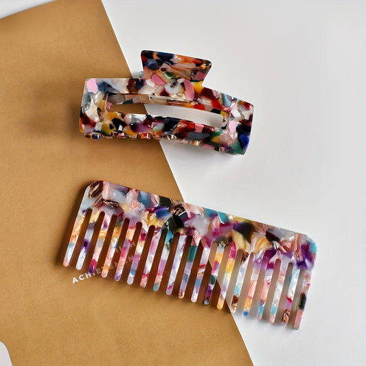 Acetate Comb and Hair Claw Set, Wide Tooth Comb & Rectangle Non Slip Hair Clip