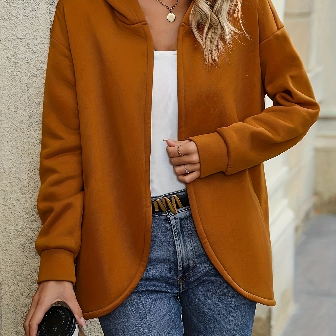 Solid Long Sleeve Open Front Hooded Cardigan