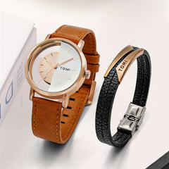 Men's Round Dial Quartz Watch & Letter Detail Bracelet Set