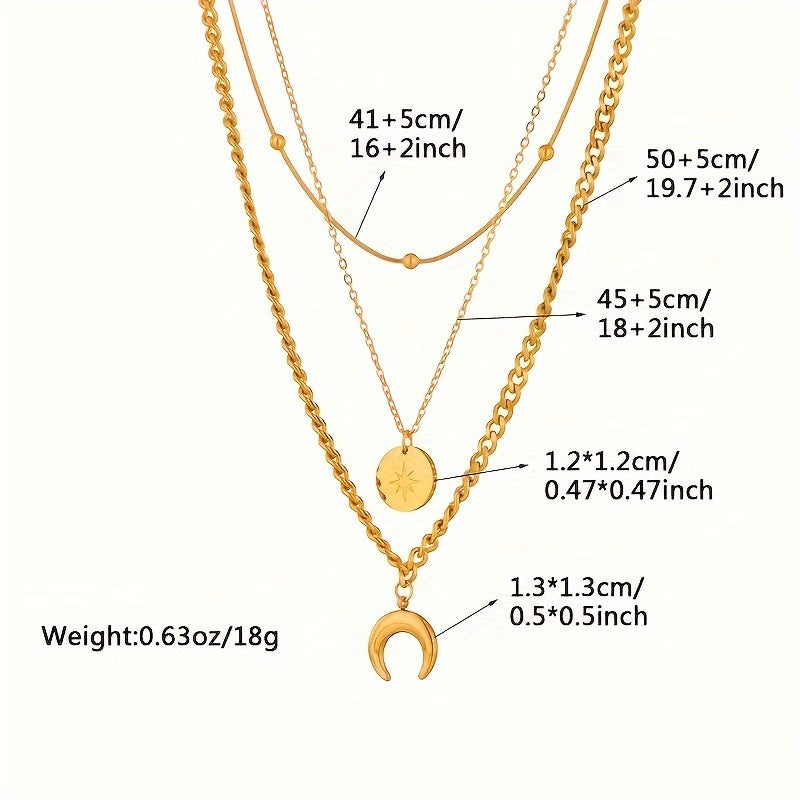 Vintage Style Golden Stainless Steel Necklace Set with Moon & Star Pendants