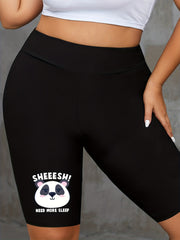 Casual Shorts Women's Plus Panda & Letter Print High Rise Biker Shorts