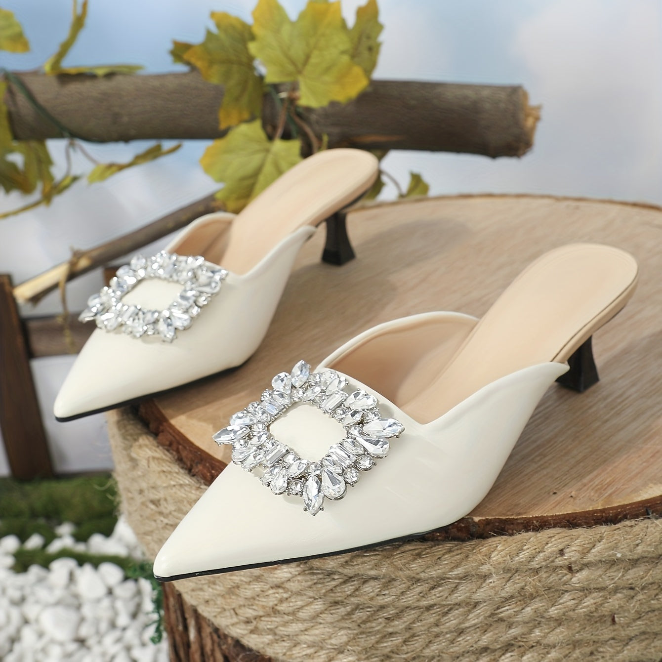 Women's Rhinestone Square Buckle Kitten Heels Slip On Slingback Sandals