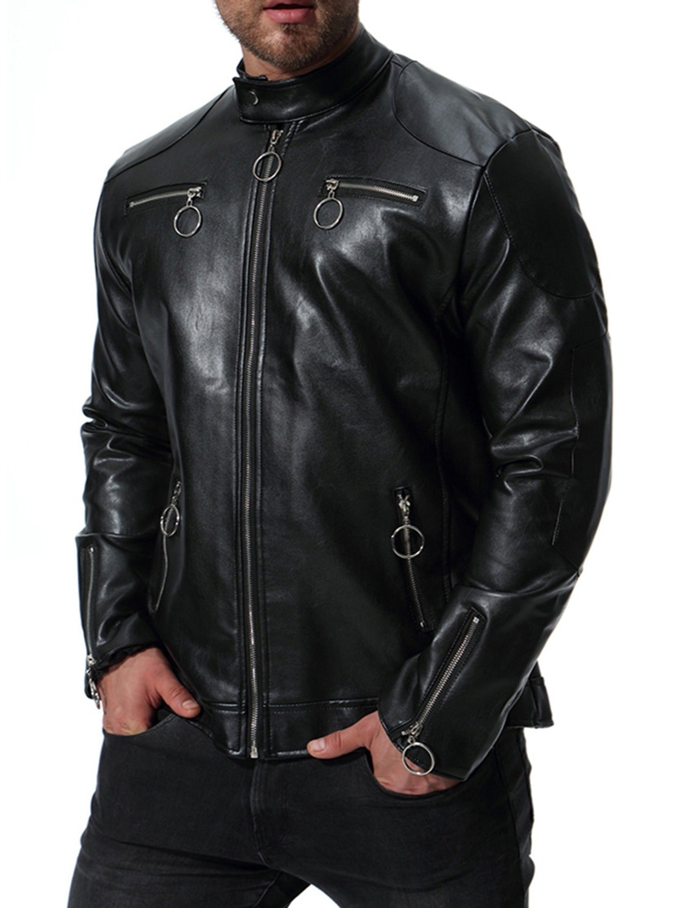 Men's Slim Fit PU Leather Jacket with Stand Collar