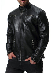 Men's Slim Fit PU Leather Jacket with Stand Collar