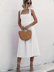 Women Solid Midi Long Dress Backless Slip Square Collar Ruched Party