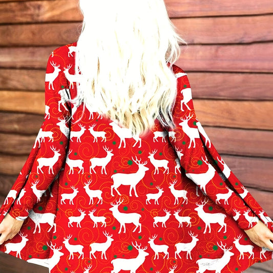 Reindeer Print Christmas Cardigan Long Sleeve Open Front Stretch