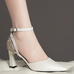 Women's Ankle Strap Chunky Heels Pointed Toe Pumps