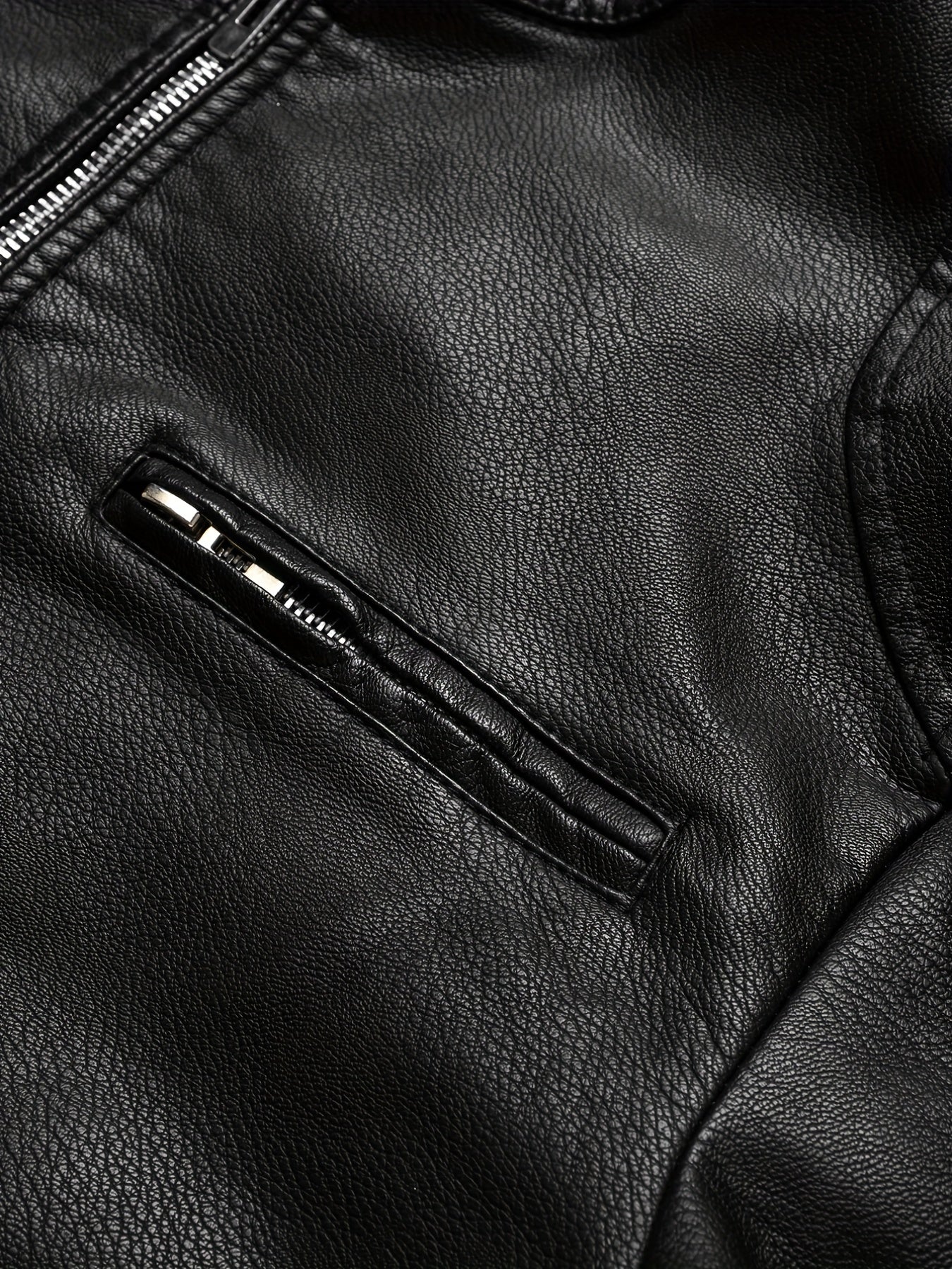 PU Biker Jacket Men's Casual Pockets Zip Up Stand Collar Faux Leather Jacket