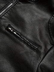 PU Biker Jacket Men's Casual Pockets Zip Up Stand Collar Faux Leather Jacket