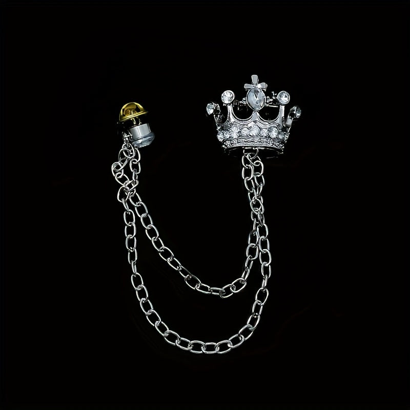 Men's Crown Brooch Rhinestone Tassel Chain Pin For Suit Shirt Backpacks Jackets
