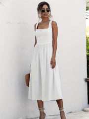 Women Solid Midi Long Dress Backless Slip Square Collar Ruched Party