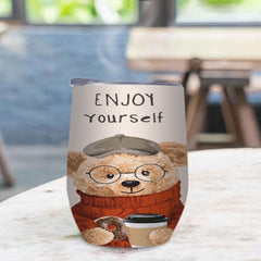Stainless Steel Insulated Coffee Cup with Bear Enjoy Yourself Print