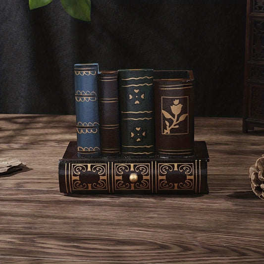 Vintage Book Shape Wooden Storage Box with Pen Holder