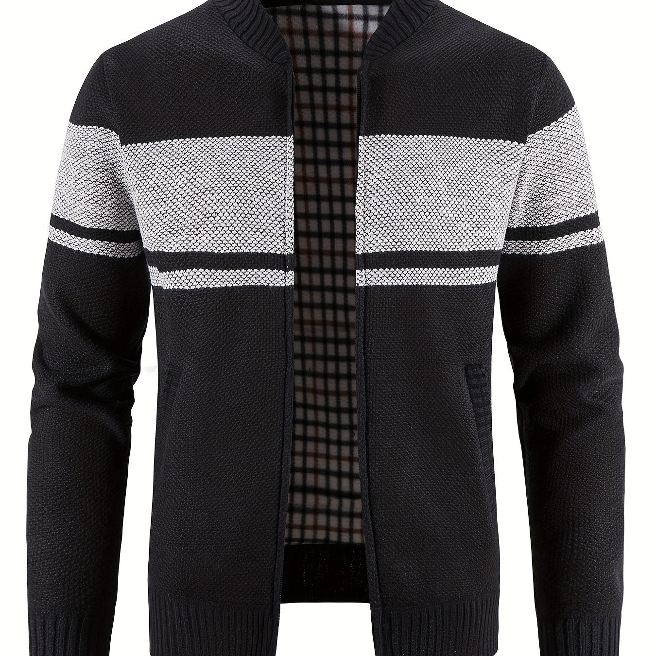 Men's Block Fleece Jacket Baseball Collar Zip Up Knitted Cardigan
