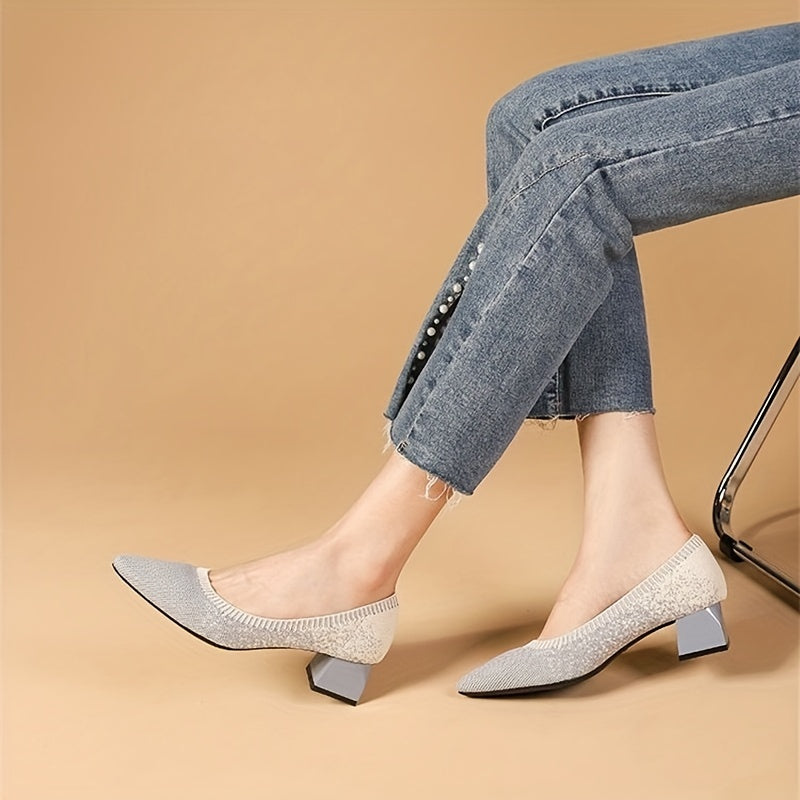 Women's Knitted Mid Heels Pointed Toe Slip On Chunky Heels Casual Shoes