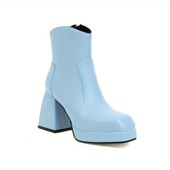 Women's Solid Block Heels Side Zipper Square Toe Ankle Boots