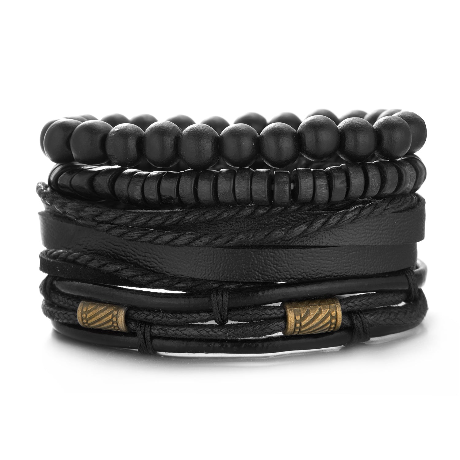 Men's Wooden Beaded Braided Leather Bracelet Set