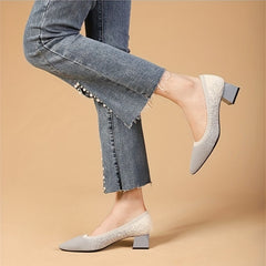 Women's Knitted Mid Heels Pointed Toe Slip On Chunky Heels Casual Shoes