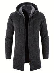 Plush Mid-length Jacket Men's Zip Up Hooded Jacket For Fall Winter