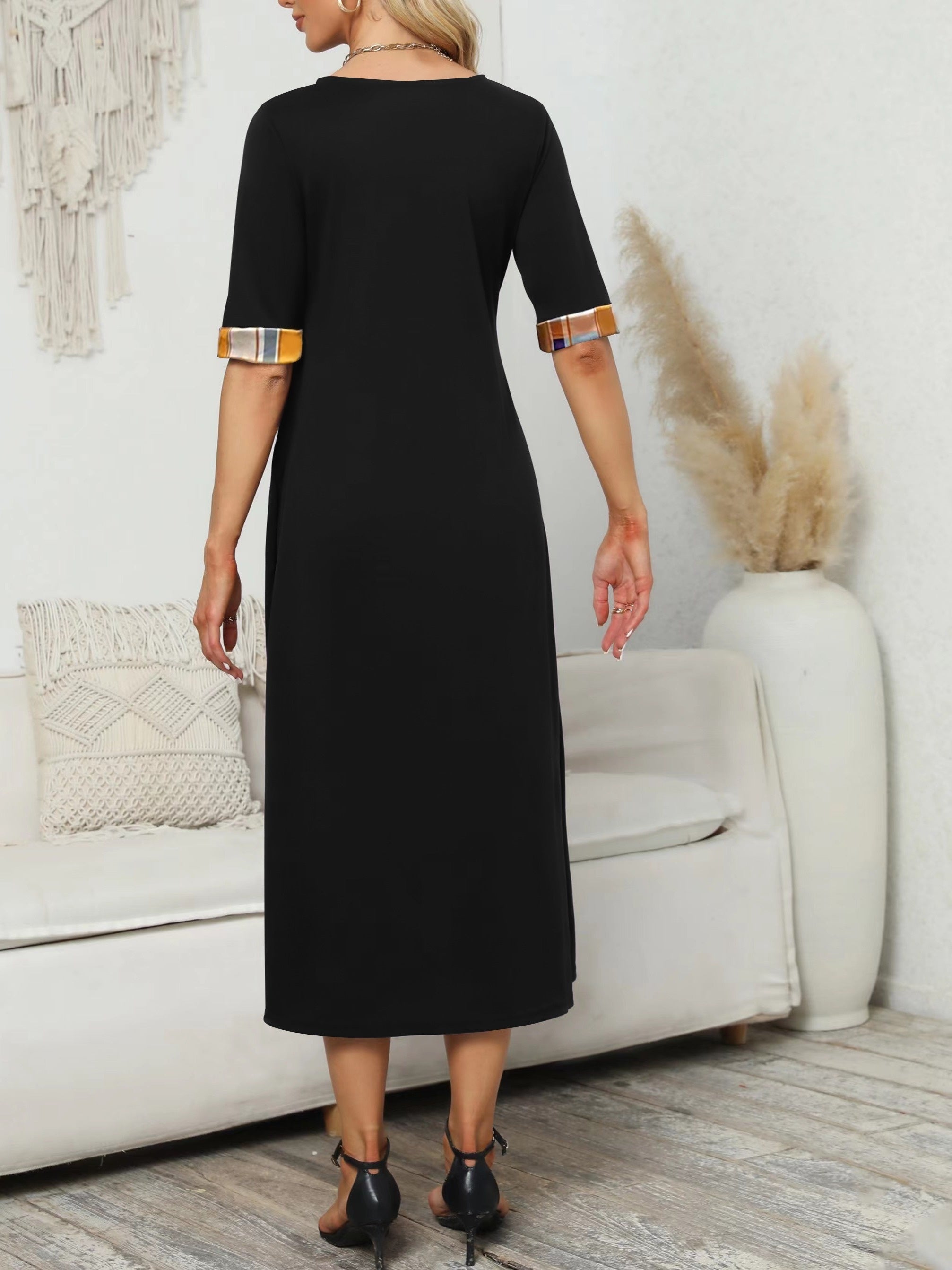 Plaid Print Splicing Dress Casual Crew Neck Short Sleeve Summer Asymmetrical Dre