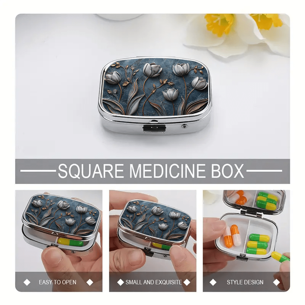 Floral 2D Relief Iron Pill Box 3 Compartment Portable Medication Organizer