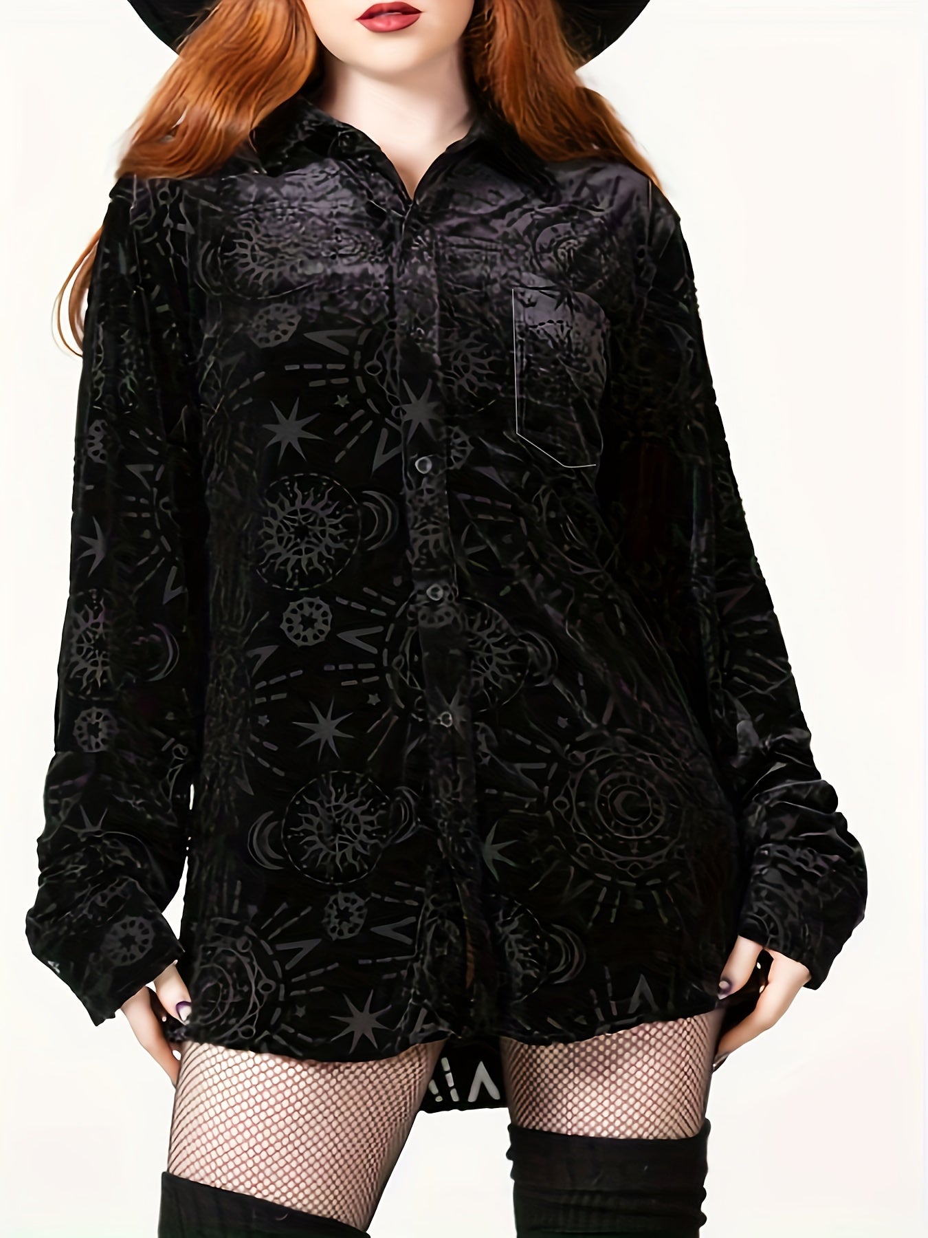 Gothic Blouse Women's Plus Moon Sun Print Long Sleeve Button Up Shirt
