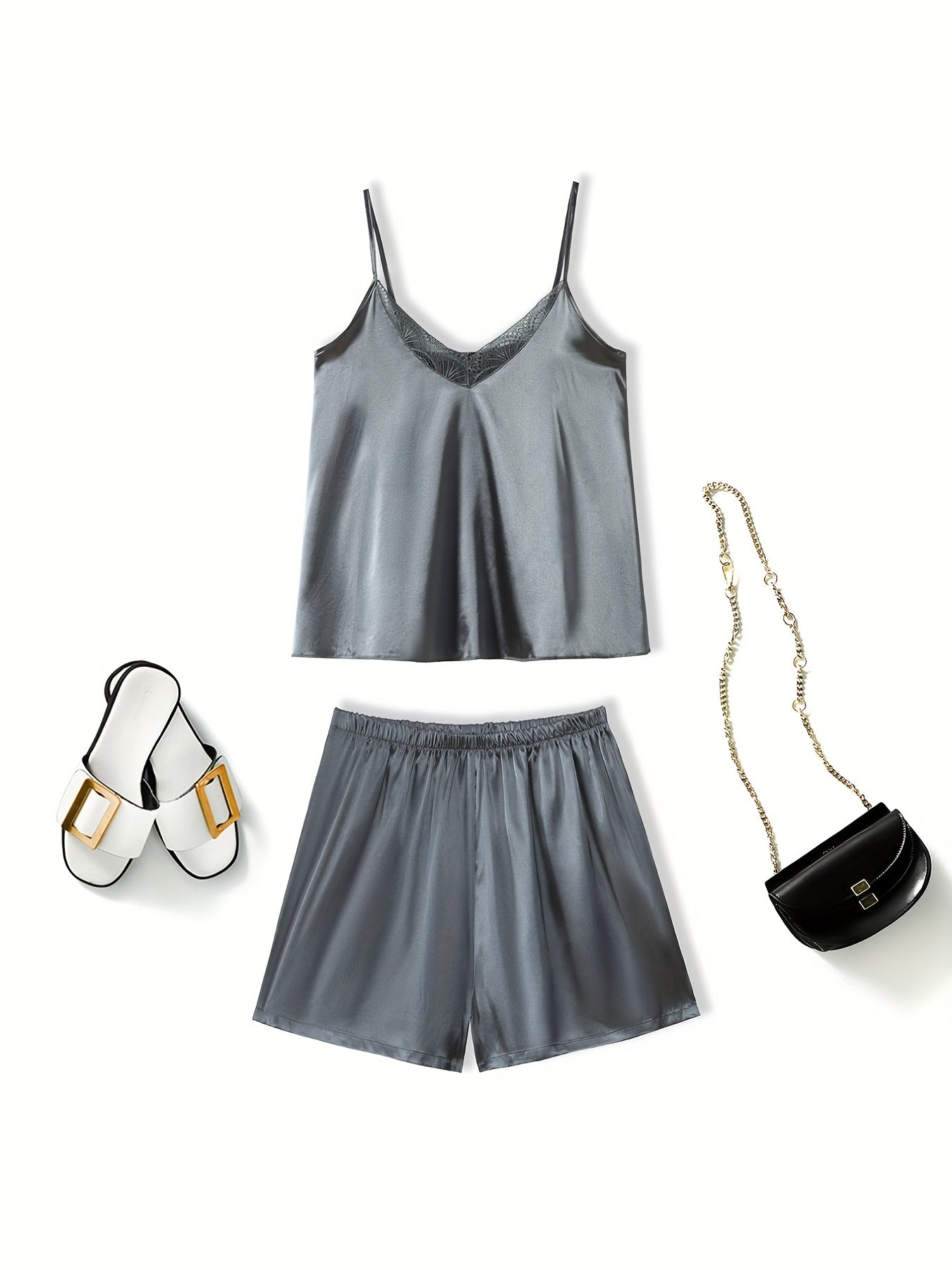 Satin Pajama Set V Neck Cami Top & Shorts Women's Sleepwear