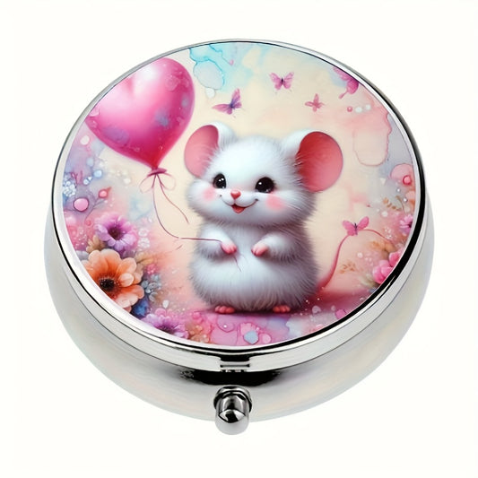 Metal Circular Medicine Box Balloon Hamster Pattern 3 Compartments