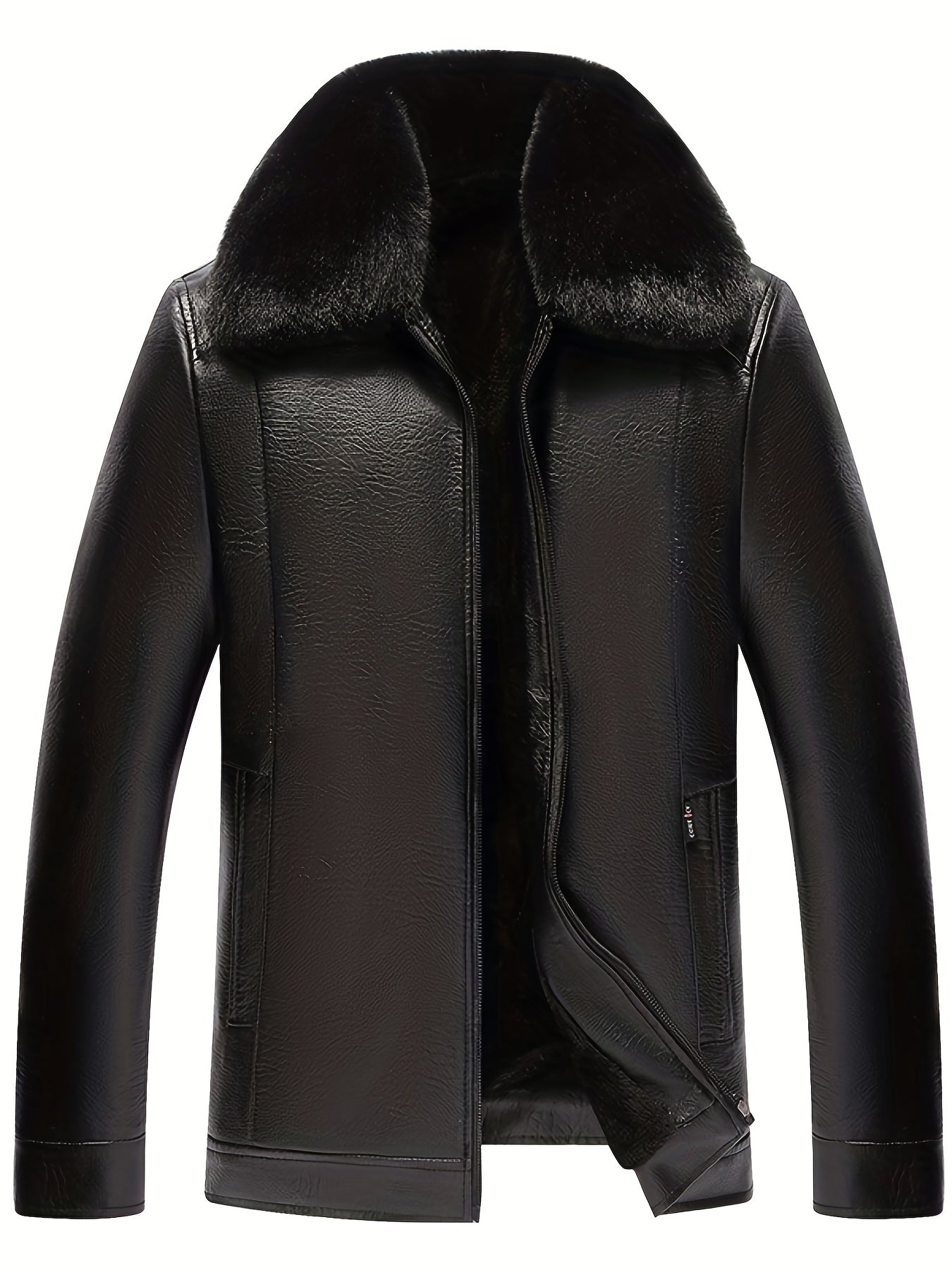 Men's Fleece PU Jacket Solid Zip-Up Fur Collar Faux Leather Fall Winter